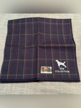 Ken Collection #010 Navy Plaid Pocket Square with Green and Red Windowpane